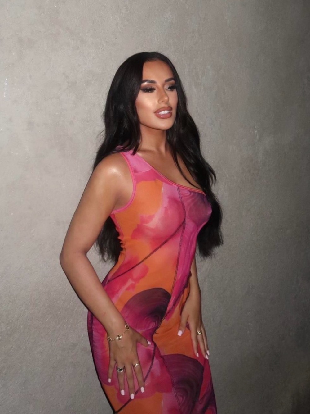PLT Pink and Orange Bodycon Sheer Panel Dress